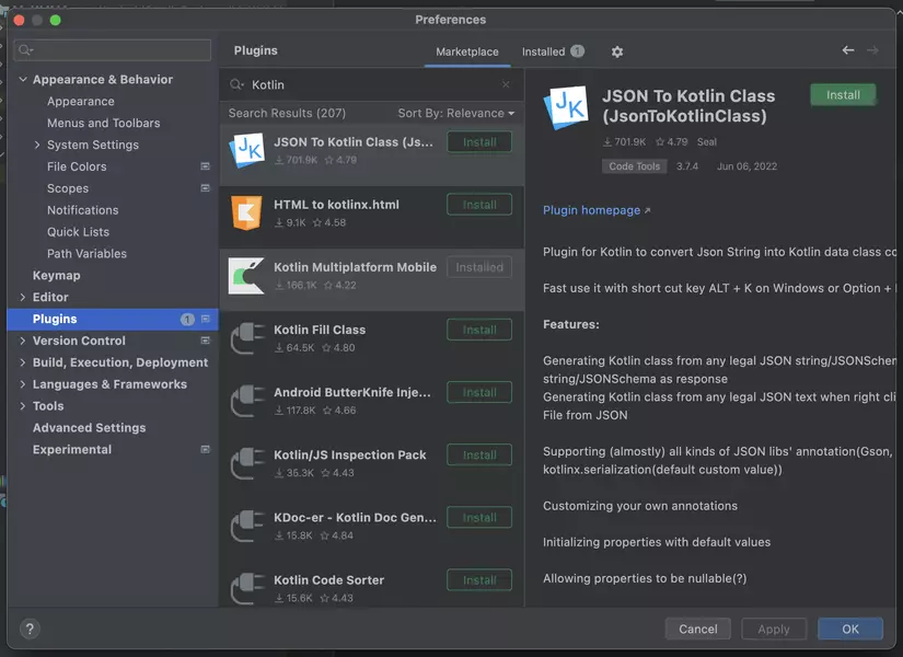 figure 7: Install Plugin Kotlin Multiplatform Mobile for Android Studio